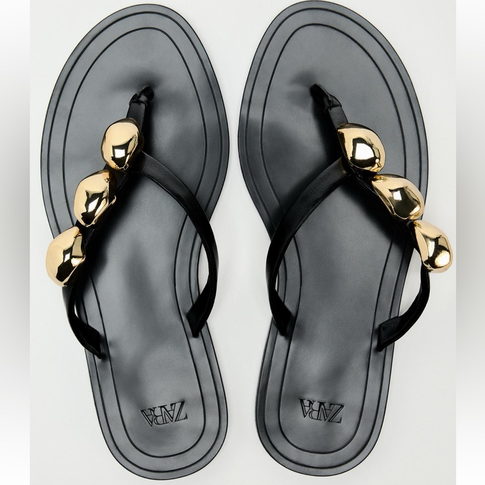 Zara Flat Leather Sandals with Decorative Detail